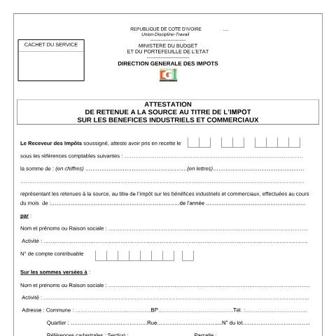 Aperçu du document 01 ATTESTATION DE RETENUE A LA SOURCE AU TITRE DE LIMPOT SUR LES BENEFICES INDUSTRIELS ET COMMERCIAUX — Imprimé / Formulaire fiscal, Côte d'Ivoire