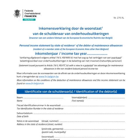 Aperçu du document Inkomensverklaring door de woonstaat van de schuldenaar van onderhoudsuitkeringen — BNI/nat.pers., Belgique (CERFA n°inkomensverklaring-woonstaat-schuldenaar-onderhoudsgeld)