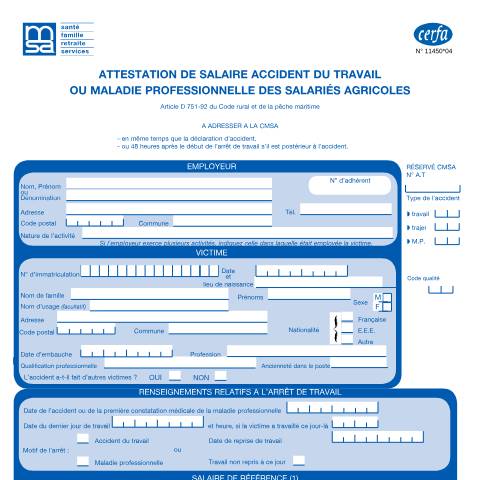 Aperçu du document Attestation de salaire pour accident du travail et maladie professionnelle pour un salarié agricole — Professionnels, France (CERFA n°11450*04)