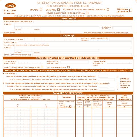 Aperçu du document Attestation de salaire pour le paiement des indemnités journalières — Professionnels, France (CERFA n°11135*04)