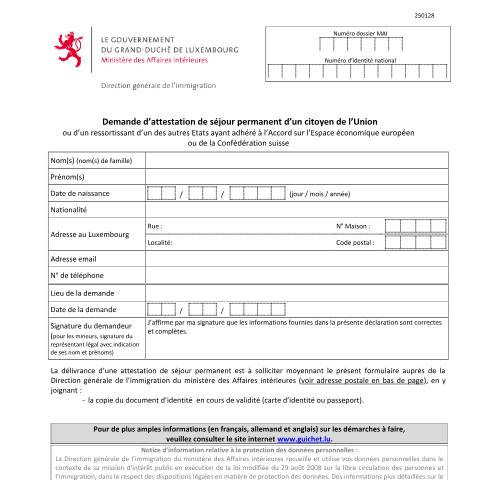 Aperçu du document Demande d’attestation de séjour permanent d’un citoyen de l’Union ou d’un pays assimilé — Immigration citoyen ue, Luxembourg (CERFA n°attestation-sejour-permanent-ue)