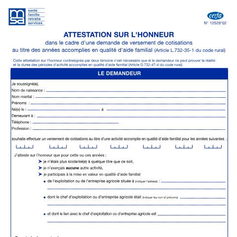 Aperçu du document Aide familial : attestation sur l'honneur pour une demande de versement de cotisations — Professionnels, France (CERFA n°12529*02)