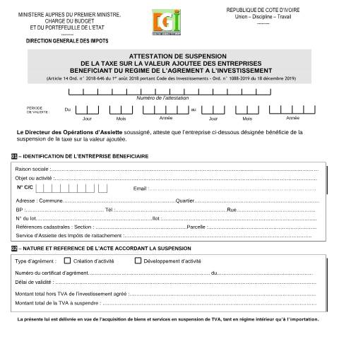 Aperçu du document attestation suspention tva — Imprimé / Formulaire fiscal, Côte d'Ivoire