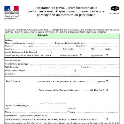 Aperçu du document Attestation de travaux d'amélioration de la performance énergétique pouvant donner lieu à une participation du locataire du parc public — Particuliers, France (CERFA n°13967*01)