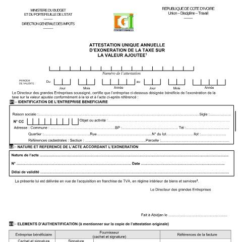 Aperçu du document 08 ATTESTATION UNIQUE ANNUELLE DEXONERATION DE LA TVA — Imprimé / Formulaire fiscal, Côte d'Ivoire