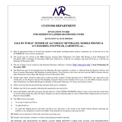 Document preview: Auction Sales - Quotation no 2 of 2009/2010 (23.11.2009) — Notice / Circular, Mauritius (CERFA n°CommuniqueQuotation2of20092010)