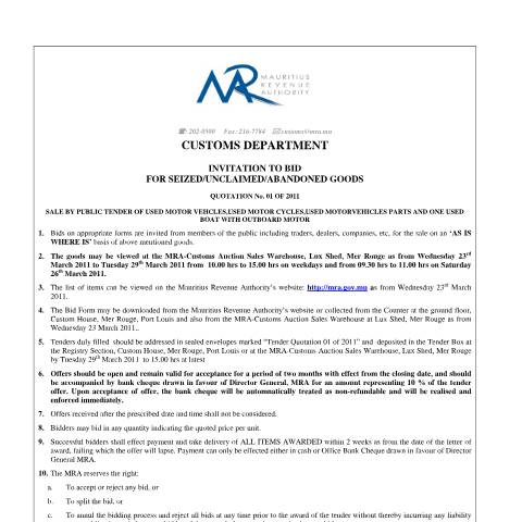 Document preview: Auction Sales - Quotation 1 of 2011 (18.03.2011) — Notice / Circular, Mauritius (CERFA n°CommuniqueQuotation1of2011)