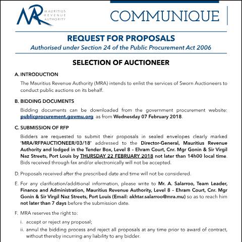 Document preview: Request for Proposals : Selection of Auctioneer (07.02.18) — Document, Mauritius (CERFA n°ProposalRequest)