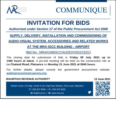 Document preview: Supply, Delivery, Installation and Commissioning of Audio-Visual System, Accessories and related works at the MRA IGCC Building - Airport (12.06.21) — Document, Mauritius (CERFA n°BidsInvitation120621)
