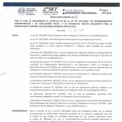 Vista previa del documento Resolucion General N°30-2019 — Auditores Externos Impositivos, Paraguay