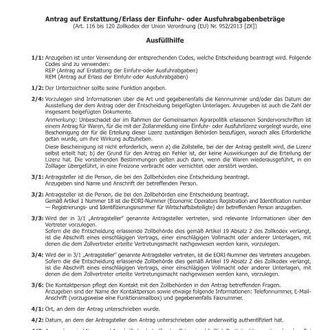 Dokumentvorschau: Za255-Erl — Ausfüllhilfe für Za 255 - Antrag auf Erstattung/Erlass der Einfuhr- oder Ausfuhrabgabenbeträge — Zoll, Österreich (CERFA n°Za255-Erl)
