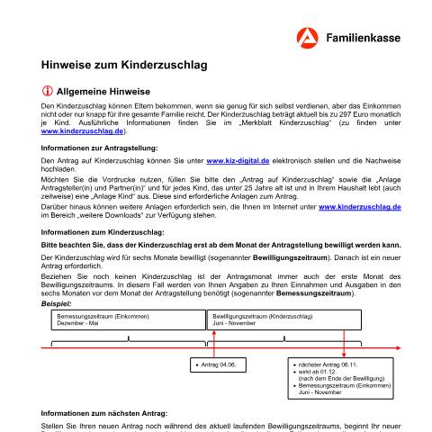 Dokumentvorschau: kiz1-hinweise_ba036545 — Öffnet in neuem Tab Ausfüllhinweise zum Antrag auf Kinderzuschlag (KiZ 1-H) Ausfüllhinweise zum Antrag auf Kinderzuschlag pdf | 179.19 KB | barrierefrei — Familienkasse/kiz1, Deutschland (CERFA n°kiz1-hinweise_ba036545)