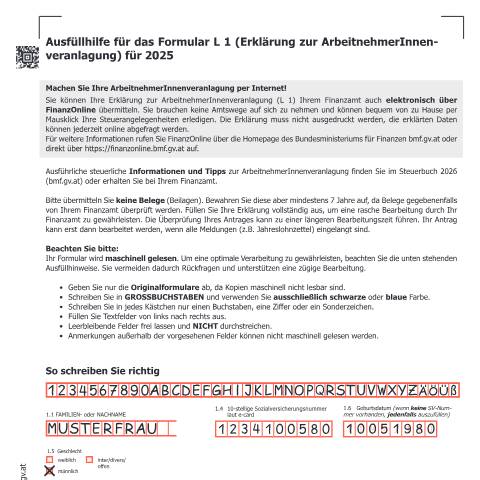 Dokumentvorschau: L2 — Ausfüllhilfe für das Formular L 1 (Erklärung zur ArbeitnehmerInnenveranlagung) für 2025 — Steuern, Österreich (CERFA n°L2)