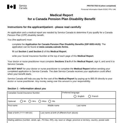 Document preview: Australia/Canada Agreement – Application kit for CPP Disability Benefits — Income Security Programs, Canada (CERFA n°ISP5053-AUS)