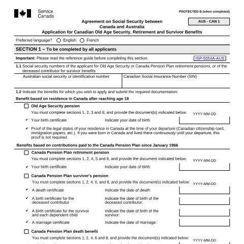 Document preview: Australia/Canada Agreement - Application for Canadian Old Age, Retirement and Survivors Benefits — Income Security Programs, Canada (CERFA n°ISP5054-AUS)