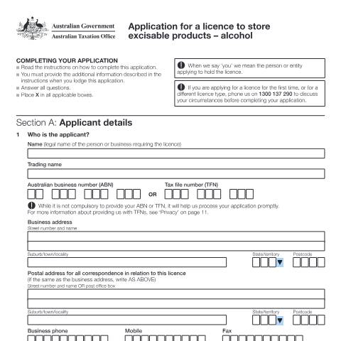 Document preview: Application for a licence to store excisable products – alcohol — ATO — Excise, Australia (CERFA n°NAT 7176)