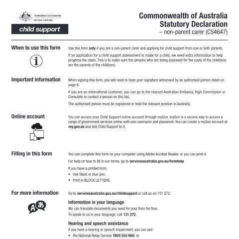 Document preview: Commonwealth of Australia Statutory Declaration - non-parent carer — Services Australia — Individuals (by code), Australia (CERFA n°CS4647)