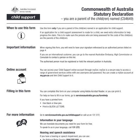 Document preview: Commonwealth of Australia Statutory Declaration - you are a parent of the children named — Services Australia — Individuals (by code), Australia (CERFA n°CS4649)
