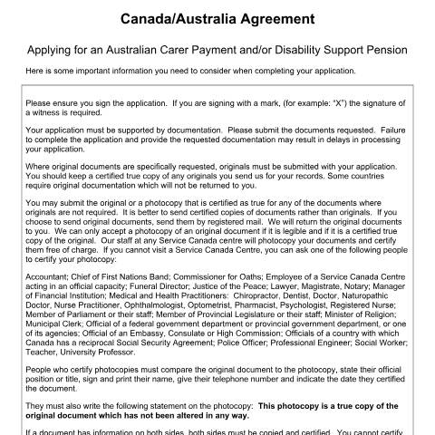 Document preview: Australia/Canada Agreement – Application for an Australian Carer Payment and/or Disability Support Pension — Income Security Programs, Canada (CERFA n°AUS140CA(D))