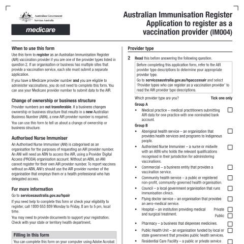Document preview: Australian Immunisation Register (AIR) - application to register as a vaccination provider form (IM004) — Services Australia — Health professionals, Australia (CERFA n°IM004)