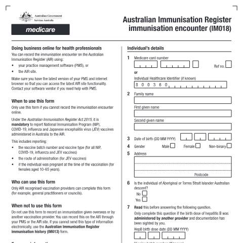 Document preview: Australian Immunisation Register (AIR) - immunisation encounter form (IM018) — Services Australia — Health professionals, Australia (CERFA n°IM018)