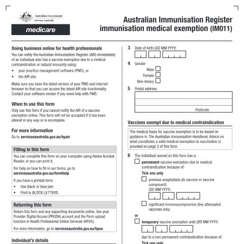 Document preview: Australian Immunisation Register (AIR) - immunisation medical exemption form (IM011) — Services Australia — Health professionals, Australia (CERFA n°IM011)