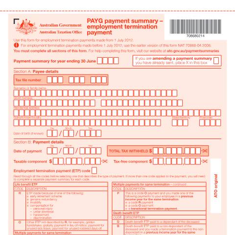 Document preview: PAYG payment summary – employment termination payment — ATO — Pay as you go withholding (PAYGW), Australia (CERFA n°NAT 70868)