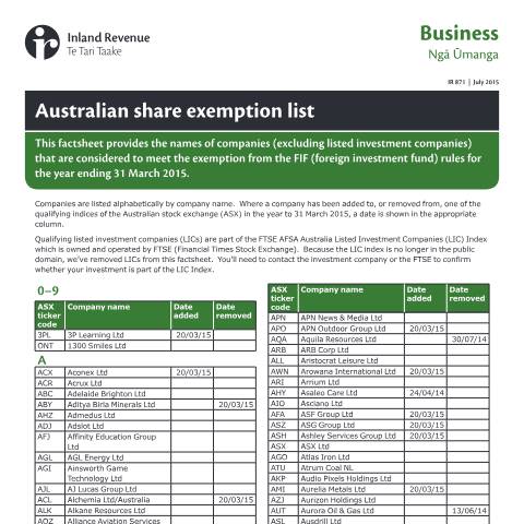 Document preview: Australian share exemption list — Income tax, International, New Zealand (CERFA n°IR871)