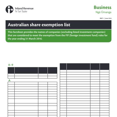 Document preview: Australian share exemption list — Income tax, International, New Zealand (CERFA n°IR871)