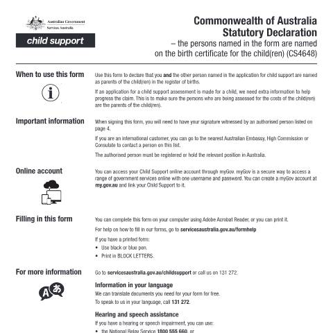 Document preview: Commonwealth of Australia Statutory Declaration - the persons named in the form are named on the birth certificate for the child(ren) — Services Australia — Individuals (by code), Australia (CERFA n°CS4648)