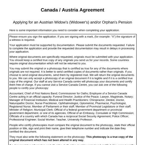 Document preview: Austria/Canada Agreement – Application for an Austrian Widow’s (Widower’s) and/or Orphan’s Pension — Income Security Programs, Canada (CERFA n°ISP5005-AUT-B)