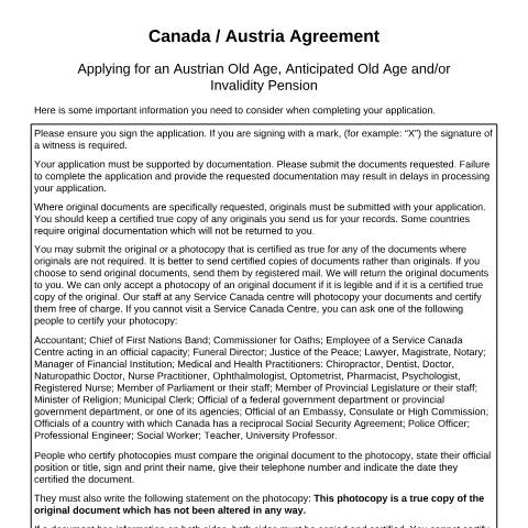 Document preview: Austria/Canada Agreement – Application for an Austrian Old Age and/or Invalidity Pension — Income Security Programs, Canada (CERFA n°ISP5005-AUT-A)