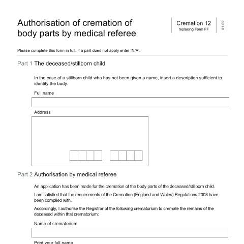 Document preview: Authorise the cremation of body parts — Ministry of Justice, United Kingdom