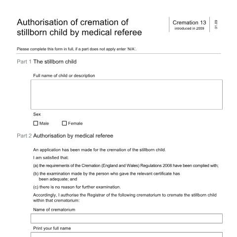 Document preview: Authorise the cremation of a stillborn child — Ministry of Justice, United Kingdom