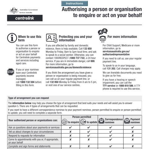 Document preview: Authorising a person or organisation to enquire or act on your behalf — Services Australia — Individuals (by code), Australia (CERFA n°SS313)