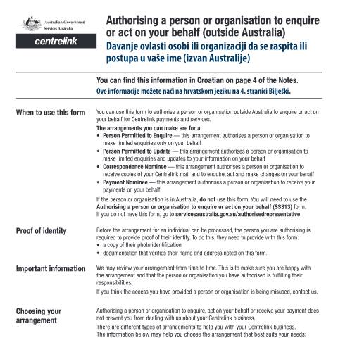 Document preview: Authorising a person or organisation to enquire or act on your behalf (outside Australia) — Services Australia — Individuals (by code), Australia (CERFA n°AUS221)