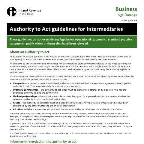 Document preview: Authority to act guidelines for intermediaries — Other, New Zealand (CERFA n°IR1059)