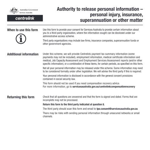 Document preview: Authority to release personal information - Personal injury, insurance, superannuation or other matter — Services Australia — Individuals (by code), Australia (CERFA n°SI039)