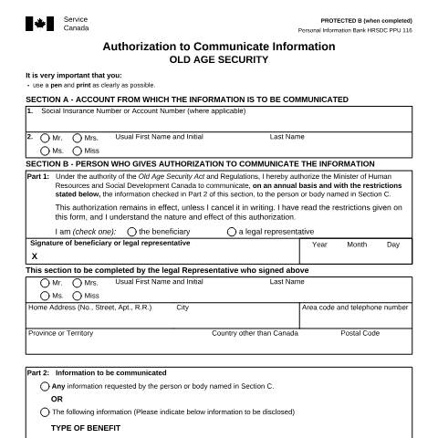 Document preview: Authorization to communicate Information - Old Age Security — Income Security Programs, Canada (CERFA n°ISP3015)