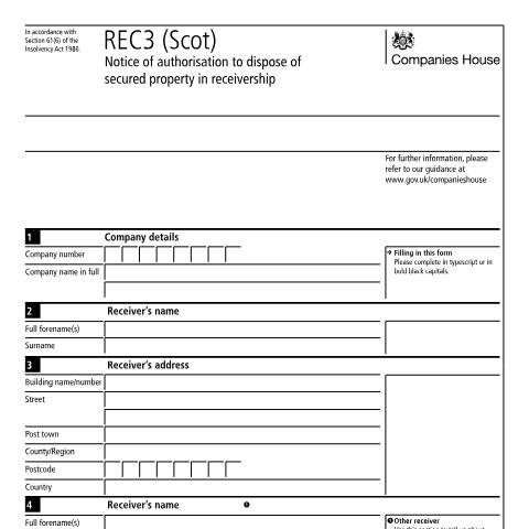 Document preview: Notice of authorisation to dispose of secured property in receivership: REC3 (Scot) — Companies House, United Kingdom