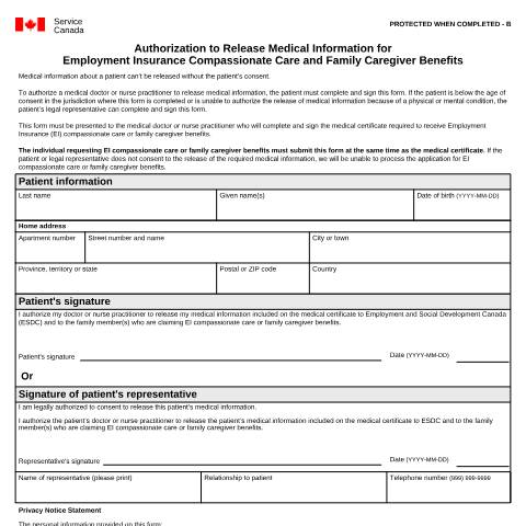 Document preview: Authorization to Release Medical Information for Employment Insurance Compassionate Care or Family Caregiver Benefits — Employment Insurance, Canada (CERFA n°INS5257)