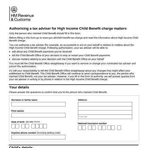 Document preview: Authorise an adviser to deal with your High Income Child Benefit Charge — HM Revenue & Customs, United Kingdom