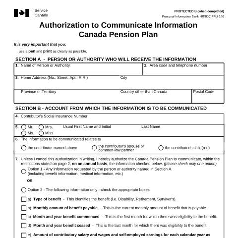 Document preview: Authorization to Communicate Information - Canada Pension Plan — Income Security Programs, Canada (CERFA n°ISP1606)