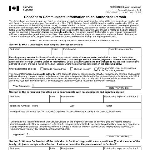 Document preview: Consent to communicate Information to an Authorized Person — Income Security Programs, Canada (CERFA n°ISP1603OAS)