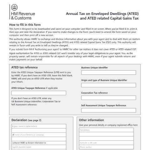 Document preview: Authorise HMRC to deal with your agent for Annual Tax on Enveloped Dwellings — HM Revenue & Customs, United Kingdom