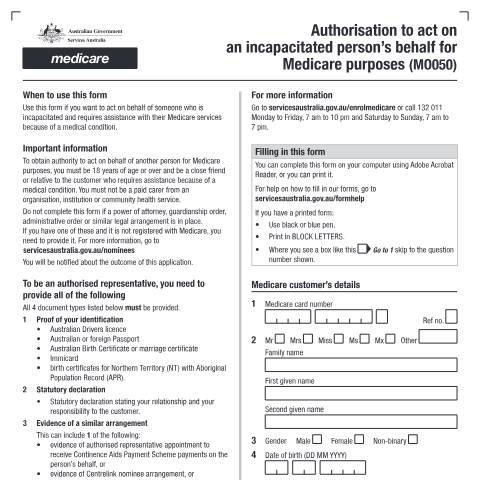 Document preview: Authorisation to act on an incapacitated person's behalf for Medicare purposes — Services Australia — Individuals (by code), Australia (CERFA n°MO050)