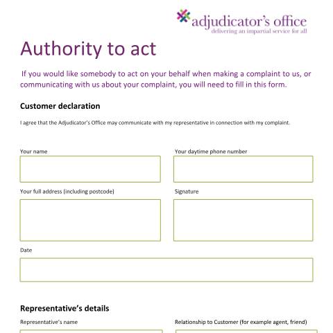 Document preview: Authorise someone to deal with the Adjudicator's Office for you — The Adjudicator’s Office, United Kingdom