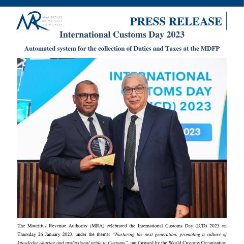 Document preview: International Customs Day 2023 : Automated system for the collection of Duties and Taxes at the MDFP (26.01.23) — Document, Mauritius (CERFA n°PressReleaseICD2023)