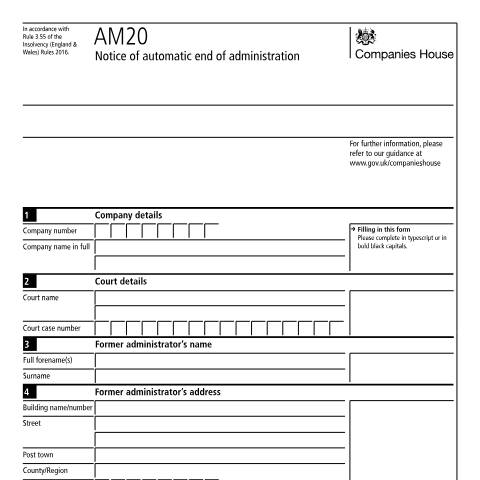 Document preview: Give notice of automatic end of administration (AM20) — Companies House, United Kingdom