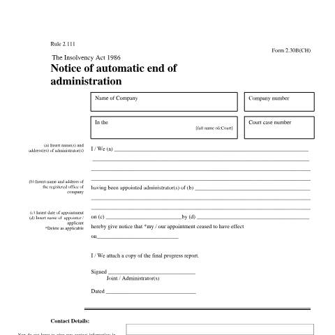 Document preview: Give notice of the automatic end of administration (2.30B(CH) — Companies House, United Kingdom